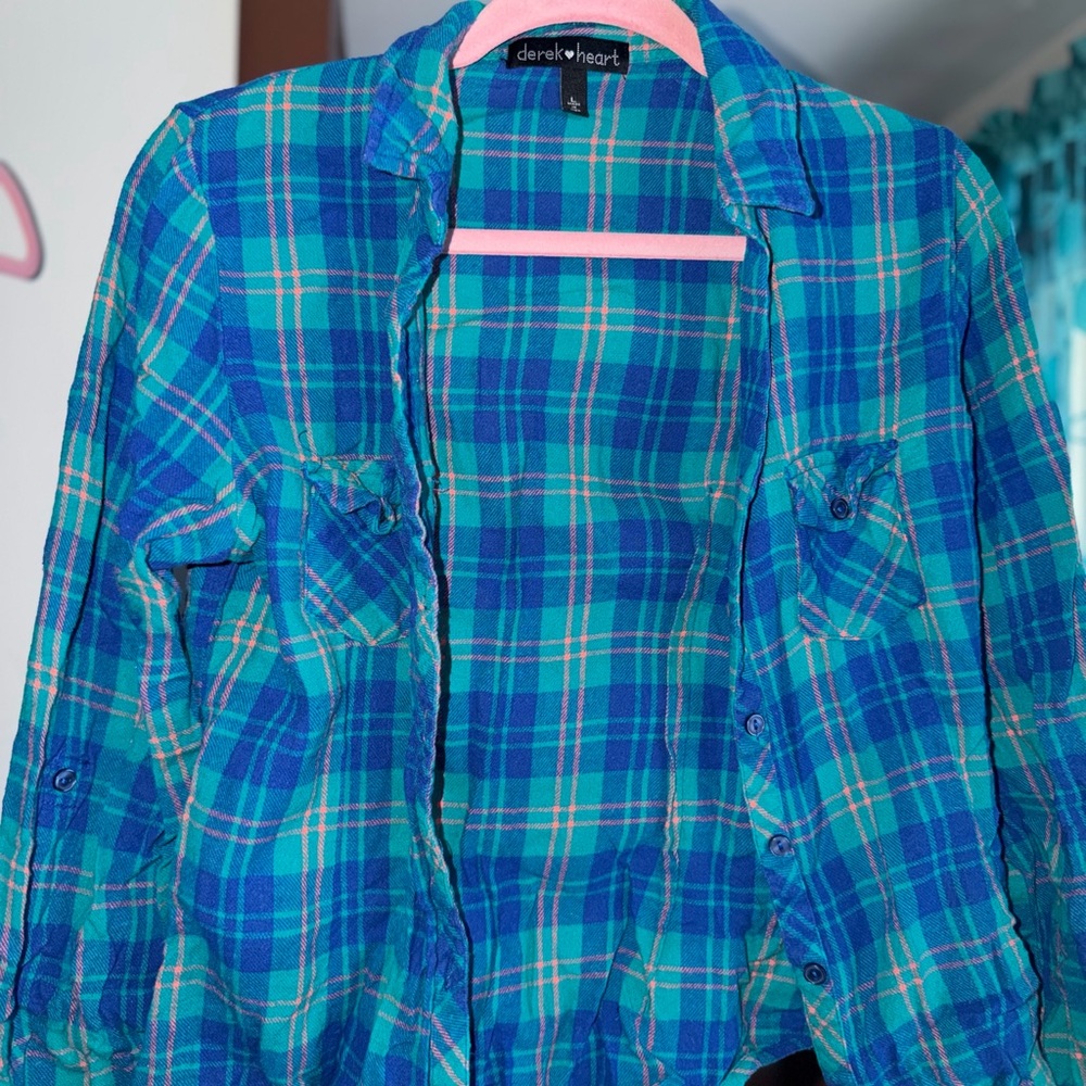 Derek Heart Teal and Pink Plaid Shirt